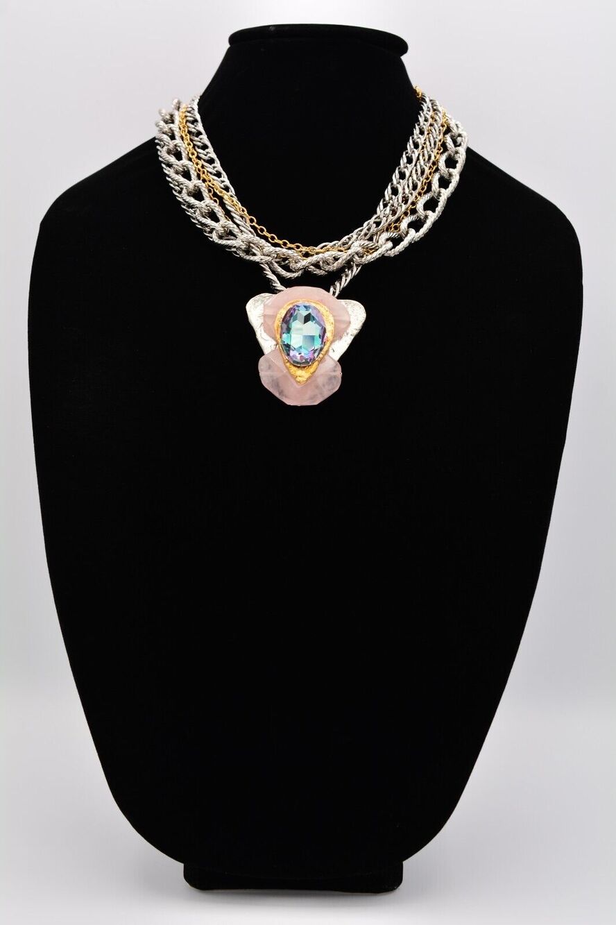 J. Jansen Vintage Brutalist Statement Necklace AB Crystal Designer Signed Bin6A